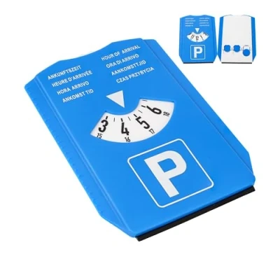 Afbeelding van parkeerschijf met ijskrabber, 1 stuk, blauw, acht talen, 3 winkelwagenchips, voor auto, vrachtwagen, camper, parkeerschijf,