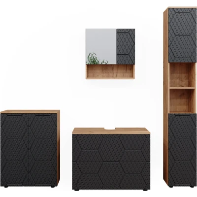 Afbeelding van Vicco Badkamermeubel set Irma, Antraciet gestreept/Krachtige eik goud, 4 stuks, met ladeblok en midi element