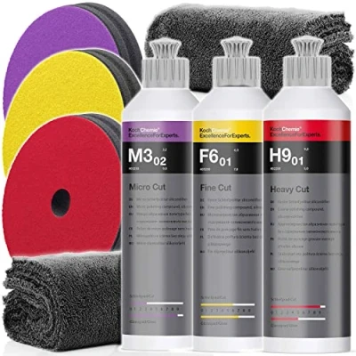 Afbeelding van detailmate KochChemie polijstset: Micropolijstmiddel + fijnschuurpasta grof polijstmiddel 250 ml 3 bijpassende polijstpads 2 microvezeldoeken 550 g/m²
