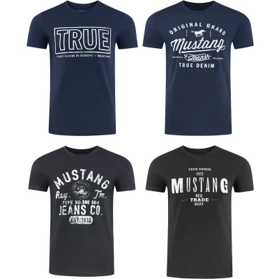 Afbeelding van Mustang Set van 4 T shirts voor heren met print op de voorkant en ronde hals, kleurenmix blauw zwart