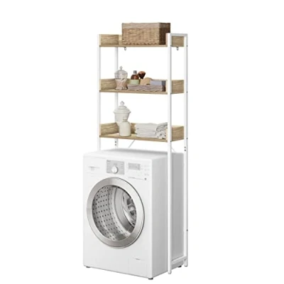 Afbeelding van EUGAD Wasmachinerek met 3 planken, ruimtebesparende badkamerkast, wasmiddelhouder, wc kast verhoogde randen, wit en licht hout, 63 x 166,5 25 cm