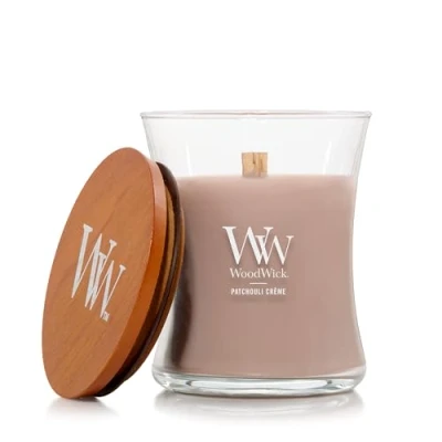 Afbeelding van WoodWick Hourglass Medium Geurkaars Patchouli Créme 60 branduren