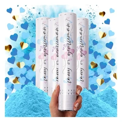 Afbeelding van Canon Confetti, set van 4, biologisch afbreekbare poederkanon voor genderonthulling en hartvormige confettikanonnen, blauwe confettikanon, confetti werper, confettibom