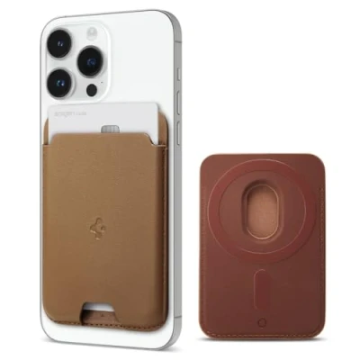 Afbeelding van Spigen MagSafe PU leer Kaarthouder Bruin Apple iPhone
