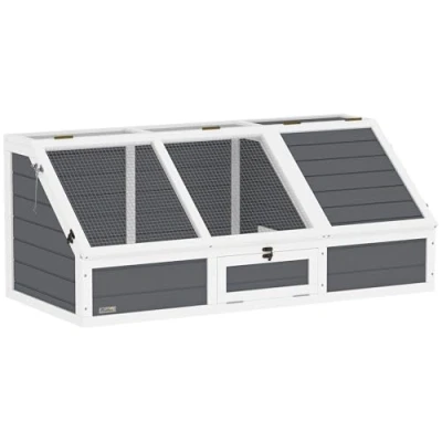 Afbeelding van PawHut Schildkrötenhaus aus Holz, Schildkrötengehege mit zwei Haupthäusern, aufklappbarem Oberseite, Verschlüssel, Outdoor Reptilienkäfig für Kleintiere, Kaninchen 120 x 55 50 cm, Hellgrau