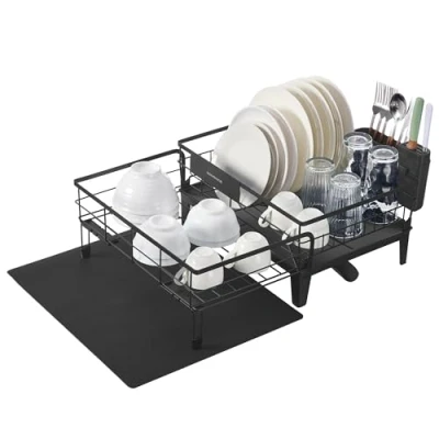 Afbeelding van SONGMICS afdruiprek, uittrekbaar waterabsorberende siliconen mat, 360 draaibaar en uittrekbaar, (31 56) x 42 20 cm, inktzwart KCS552B01