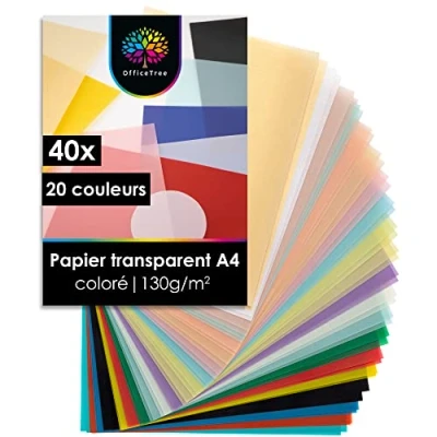 Afbeelding van OfficeTree 40 vellen veelkleurig A4 transparant papier, 20 kleuren, waaronder goud en zilver, meerkleurig papier voor lantaarns