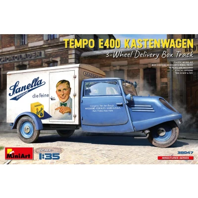 Afbeelding van 1:35 MiniArt 38047 Tempo E400 Kastenwagen 3 Wheel Delivery Box Track Plastic Modelbouwpakket