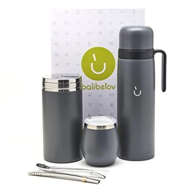 Afbeelding van BALIBETOV Yerba Mate Bekerset Moderne Kalebas, Thermoskan, Container (Yerbero), Bombilla (Mate Rietje) en Reinigingsborstel 304 18/8 Roestvrij Staal (Grijs)