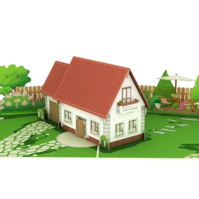 Afbeelding van MOKIO® Huis met tuin pop up kaart 3D wenskaart voor huisaankoop, voltooiingsceremonie of verhuizing, cadeaubon housewarming