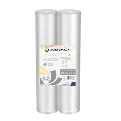 Image de Lot de 2 rouleaux gaufrés pour emballage sous vide (20 cm x 3 mètres) tout type machine à emballer domestique, Foodsaver, Lacor, Caso, Silvercrest, etc.