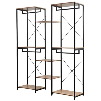 Afbeelding van WOLTU Kledingrek, kledingkast, open van staal en MDF, kledingrek voor woonkamer, winkels, eiken + zwart SR0128hei