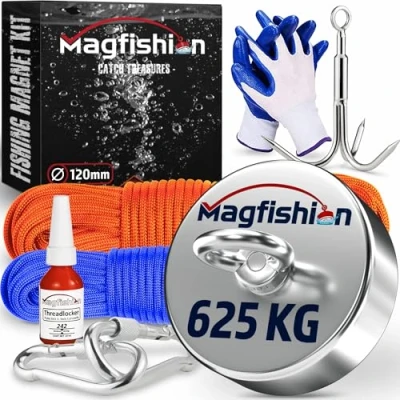 Afbeelding van Magfishion Magneetvissen MEGA Set 625 KG Vismagneet 2x Touw + Karabijnhaak met Schroefsluiting Dreghaak Handschoenen Borgmiddel Magneet Vissen Outdoor Kinderen