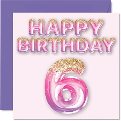 Afbeelding van Verjaardagskaart 6 jaar voor meisjes, roze en paarse glitterballonnen, verjaardagskaarten dochter, zus, kleindochter, neef, 145 mm x