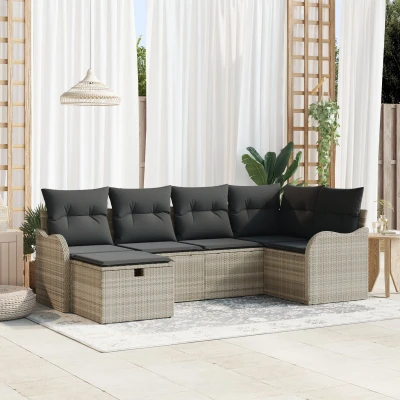 Afbeelding van vidaXL 6 delige Tuin Sofa Set met Kussens Lichtgrijs Poly Riet, 2 zitter Riet