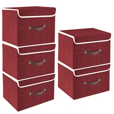 Afbeelding van 5 stuks opvouwbare opbergdozen met deksel, dozen voor kleding, speelgoed, rek rode wijn