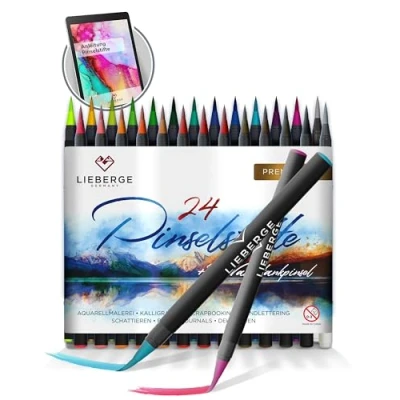 Afbeelding van Pennen, premium set, 24 aquarelverf + 2 watertankpennen, pen met flexibele penzegel voor aquarel, handlettering, bullet journal, kalligrafie