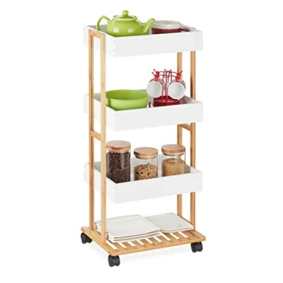 Afbeelding van Relaxdays keukentrolley bamboe 4 etages serveerwagen opbergtrolley rek op wielen