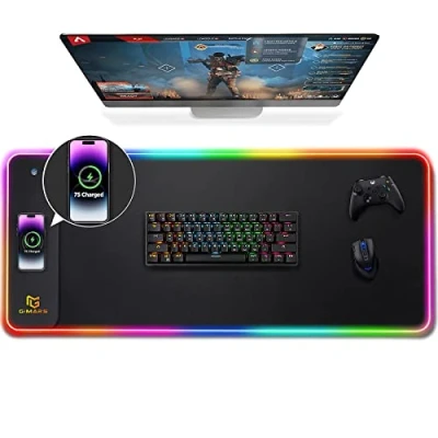 Afbeelding van Gimars RGB Gaming muismat met 15 W draadloos opladen, XXL, 800 x 300 4 mm, grote 10 leds, verlichtingsmodi, hoogwaardig glad oppervlak, antislip voor kantoren, pc, kantoor