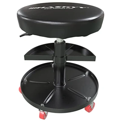 Afbeelding van Haskyy Kruk met wieltjes, grijs, werkplaatskruk, in hoogte verstelbaar en 360 graden draaibaar, Ø 38,5 cm, 2 planken, 390 520 mm