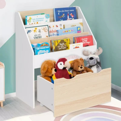 Afbeelding van MANA kinderboekenkast met 3 planken en 1 bak op wieltjes in beuken wit
