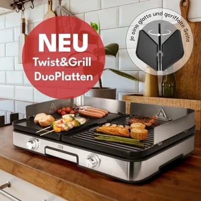 Afbeelding van LEBENLANG elektrische tafelgrill met grilltang en spatbescherming, 2400 watt voor binnen buiten, grill balkon, tafel,