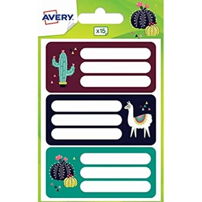 Afbeelding van AVERY Zak met 15 leuke schoolmateriaallabels, panda, lama en luiaard, formaat 76 x 34 mm, kleurrijk