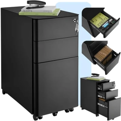 Afbeelding van tectake® Metalen archiefkast op wielen Afsluitbare ladekast met lades Rolcontainer Organizer Trolleykast afsluitbaar zwart