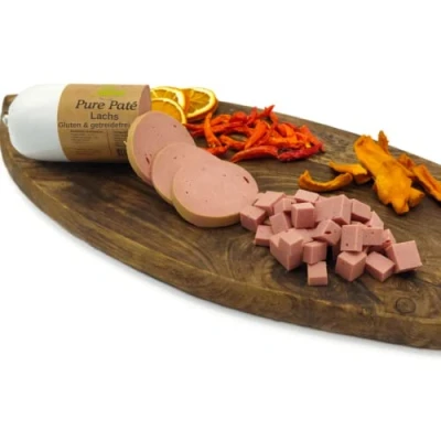Afbeelding van Paw Natural Puur Zalm Vlees Paté Natvoer Worst Hondenvoer Kattenvoer 400gr Graan en Glutenvrij Volledig Maaltijd. Voor hond kat.