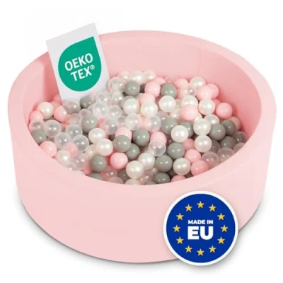 Afbeelding van SELONIS Ballenbad 90 x 30 cm, 300 ronde ballen van schuimrubber voor baby&#039;s en kinderen, roze: parel/grijs/transparant/poederroze