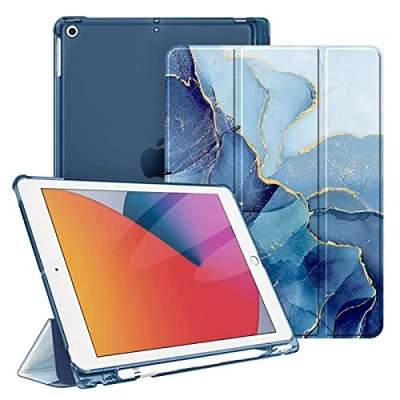 Afbeelding van Fintie Hoes voor iPad 10.2 inch 9e Generatie 2021/ 8e Gen. 2020 / 7e 2019 met Pencil Houder, Ultradun Superlicht Beschermhoes Transparante Achterkant Automatische Slaap waak, (Z Marmer Blauw)