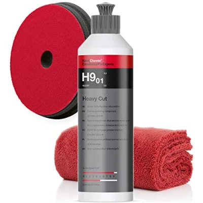 Afbeelding van detailmate KochChemie polijstset: Koch Chemie grof schuurpolijstmiddel H9.01 + schuurpad 150 x 23 mm microvezeldoek 550 g/m² 40 cm