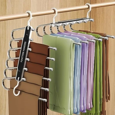Afbeelding van MOYKSRR 6 in 1 broekhanger, 2 stuks, antislip, opvouwbaar, voor broeken, ruimtebesparend, hanger van roestvrij staal, geschikt sjaals, jeans, kleding, handdoeken
