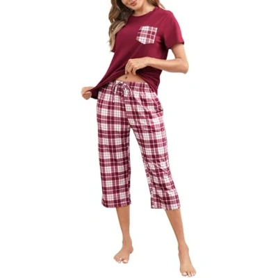 Afbeelding van Reliwel Katoenen pyjamaset voor dames, T shirt met korte mouwen en 3/4 geruite broek, tweedelig zakken, lente, zomer, herfst, Rood