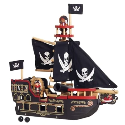 Afbeelding van Le Toy Van Collectie houten piraten Barbarossa piratenschip met kanon, kanonnenballen, bord, luik en anker piratenspeelgoed voor simulatiespel, zwart, maat M