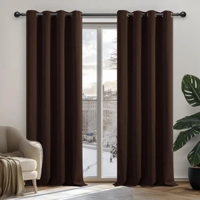 Afbeelding van Deconovo Thermo isolerende verduisteringsgordijnen, modern design met oogjes, gordijnen voor slaapkamer, jongens, 132 x 138 cm (breedte hoogte), chocolade, 2 stuks
