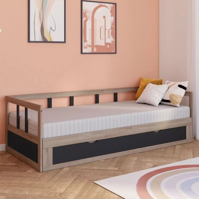 Image de Lit banquette 90 x 190 cm ZOYA convertible 180 hêtre et noir avec 1 tiroir de rangement