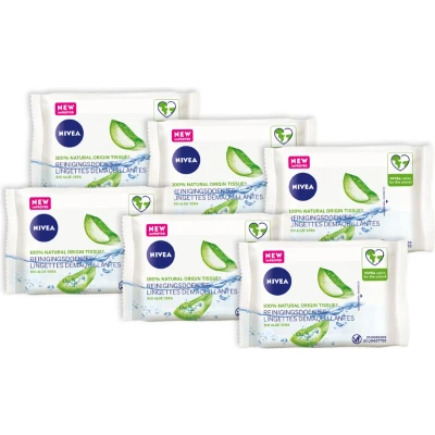 Afbeelding van NIVEA Biologisch Afbreekbare Verfrissende Reinigingsdoekjes Gevoelige huid Biologische arganolie aloë vera 6 x 25 stuks
