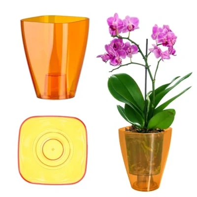Afbeelding van KADAX Bloempot, orchideeënpot, eenvoudige bloempot voor orchidee, juveniel, madeliefje, keuken en woonkamer (diameter 12 cm, vierkant, oranje)