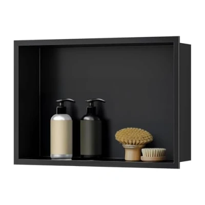 Afbeelding van sunrik wanddouche, roestvrij staal, wandrek, opbergplank, douchenis, 30 x 45 10 cm, zwart