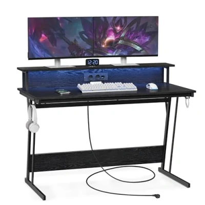Afbeelding van VASAGLE Gamingbureau met geïntegreerde stekkerdoos, computerbureau standaard voor 2 schermen, slaapkamer, 55 x 135 76 cm, ebbenhout zwart LWD117B01
