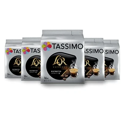 Afbeelding van Tassimo, 80 koffiepads Espresso Ristretto L&#039;OR, compatibel met TASSIMO machines, koffie, vol en krachtig, 5 verpakkingen elk 16 pads (de verpakking kan variëren)