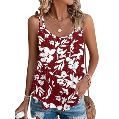 Afbeelding van WNEEDU Mouwloze tanktop voor dames, losse pasvorm, casual stijl, de zomer, Rode en witte bloem, M