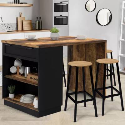 Afbeelding van VITO 130 cm HAWKINS 4 zits middeneiland met bartafel in zwart en donker houteffect