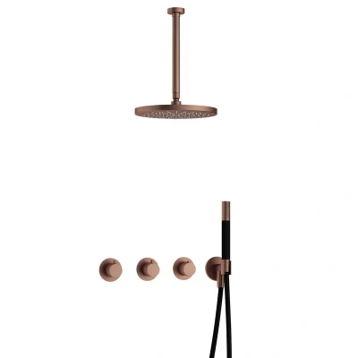 Afbeelding van Hotbath Cobber Regendoucheset IBS70 Geborsteld Koper PVD Staaf handdouche 30cm Hoofddouche Plafondbuis Handouche met wandhouder