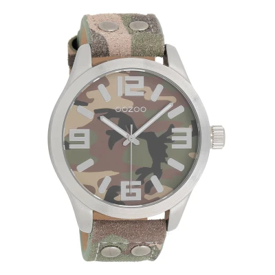 Afbeelding van OOZOO Timepieces Zilverkleurige horloge met camouflage leren band C1066
