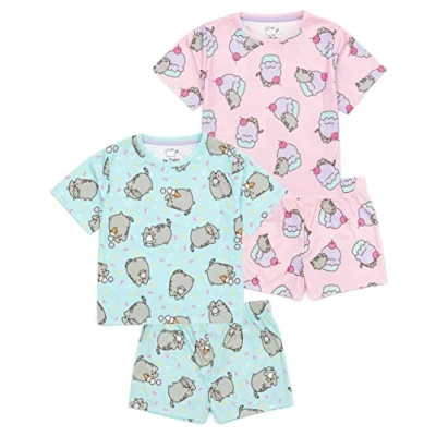 Afbeelding van Pusheen De Kat meisjes Set van 2 pyjama&#039;s Kinderen Tieners Blauw Roze Cartoon Ijs Cupcakes T Shirt Nachtkleding Merchandise, Meerkleurig