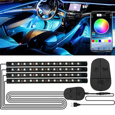 Afbeelding van Led autoverlichting, voor binnen, RGB ledstrips, 48 leds, autolamp, verbetering van de app en controller, sfeerverlichting auto, waterdicht, meerkleurig, muzieksync, sterk