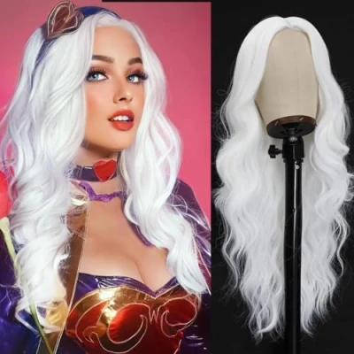 Afbeelding van PORSMEER Witte lange golvende pruik voor dames, natuurlijk krullend haar, Braziliaanse middenscheiding, hittebestendig, cosplay, party, Halloween, dagelijks gebruik