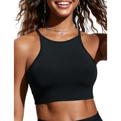 Afbeelding van CRZ YOGA Bikinitops met racerback voor dames, gevoerd badpak hoge hals, zwart.